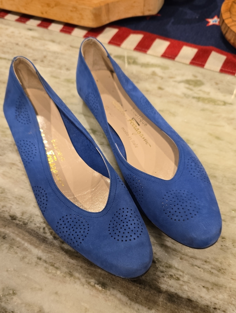 Salvatore Ferragamo Women’s Blue Suede Perforated Ballet Flats